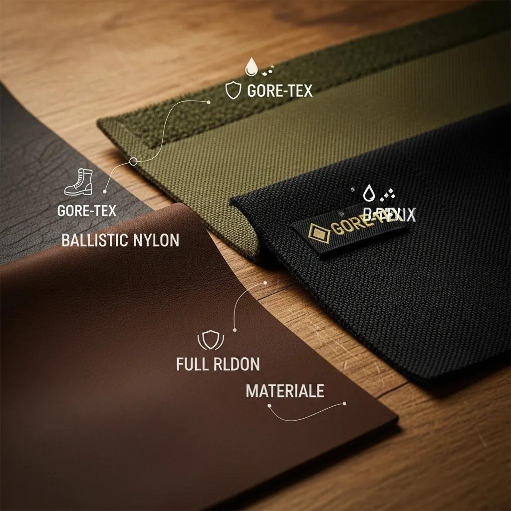 Close-up of leather, nylon and Gore‑Tex textures used in tactical boots