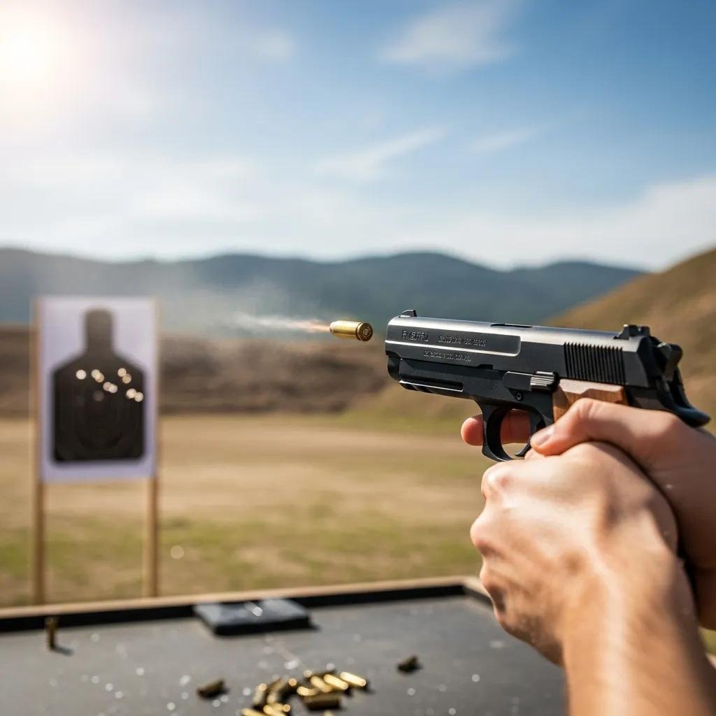 FK BRNO 7.5 FK pistol being fired at a range, illustrating its high-velocity performance