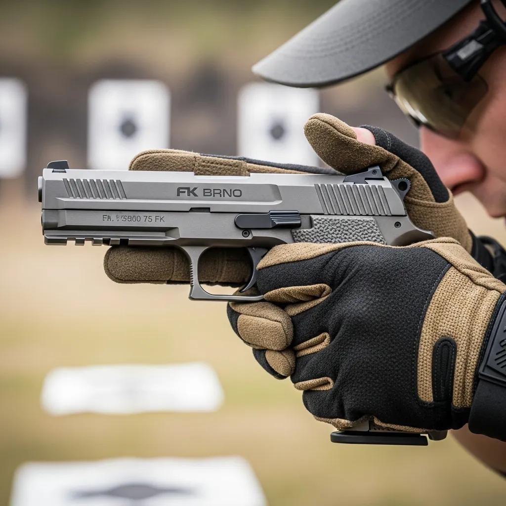 Hands-on view of FK BRNO 7.5 FK PSD pistol, showing grip and recoil-management features